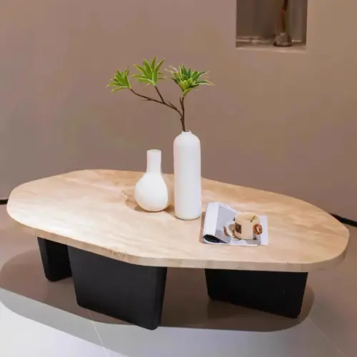 Modern Minimalist Irregular Solid Wood Coffee Table – Organic Travertine-Look Living Room Accent Table