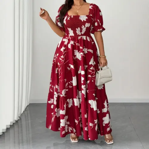 Women's Plus Taille Square Neck Floral Midi Dress - Elegant Waist-Cinching A-Line Vacation Dress