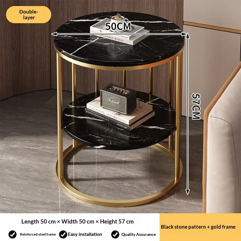 Modern Luxury 2-Tier Accent Side Table - Elegant Round Bedside Table with Black Faux Stone Top & Gold Steel Frame (50 x 57 cm)