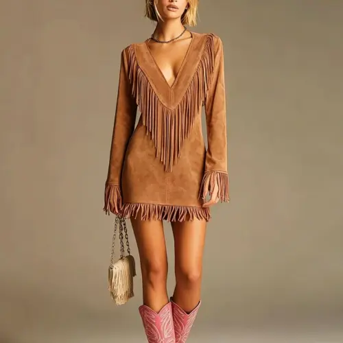 Western Cowgirl Faux Suede Tassel Mini Dress - Long Sleeve V-Neck Bodycon Dress