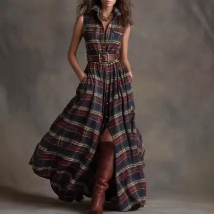 Vintage British Style Plaid Lapel Maxi Dress - Elegant Long Sleeve Flared Swing Dress with Belt