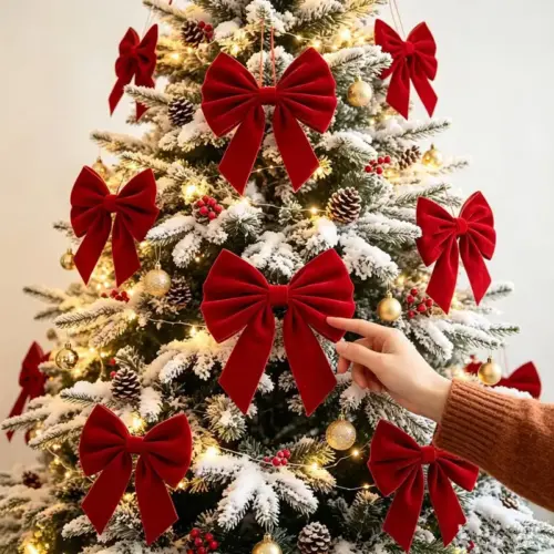 Premium 3D Velvet Christmas Bow Ornament - Flocked Hanging Holiday Decoration for Trees, Wreaths & Mantels