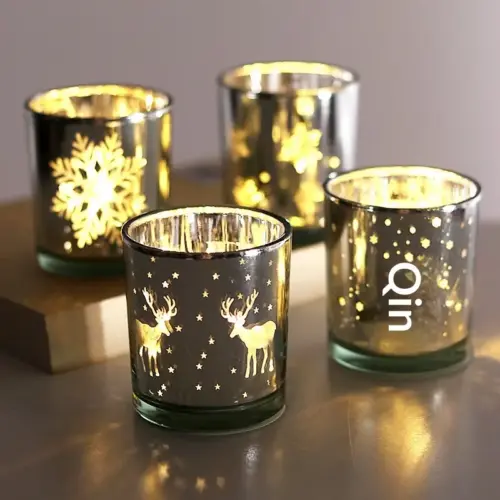 Festive Electroplated Glass Candle Holder – Holiday Snowflake & Reindeer Votive Tea Light Cup