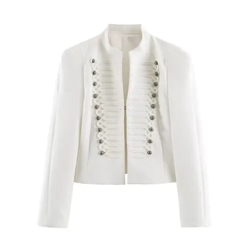 Chic Notched-Shoulder Tailored White Blazer with Hook-and-Eye Closure