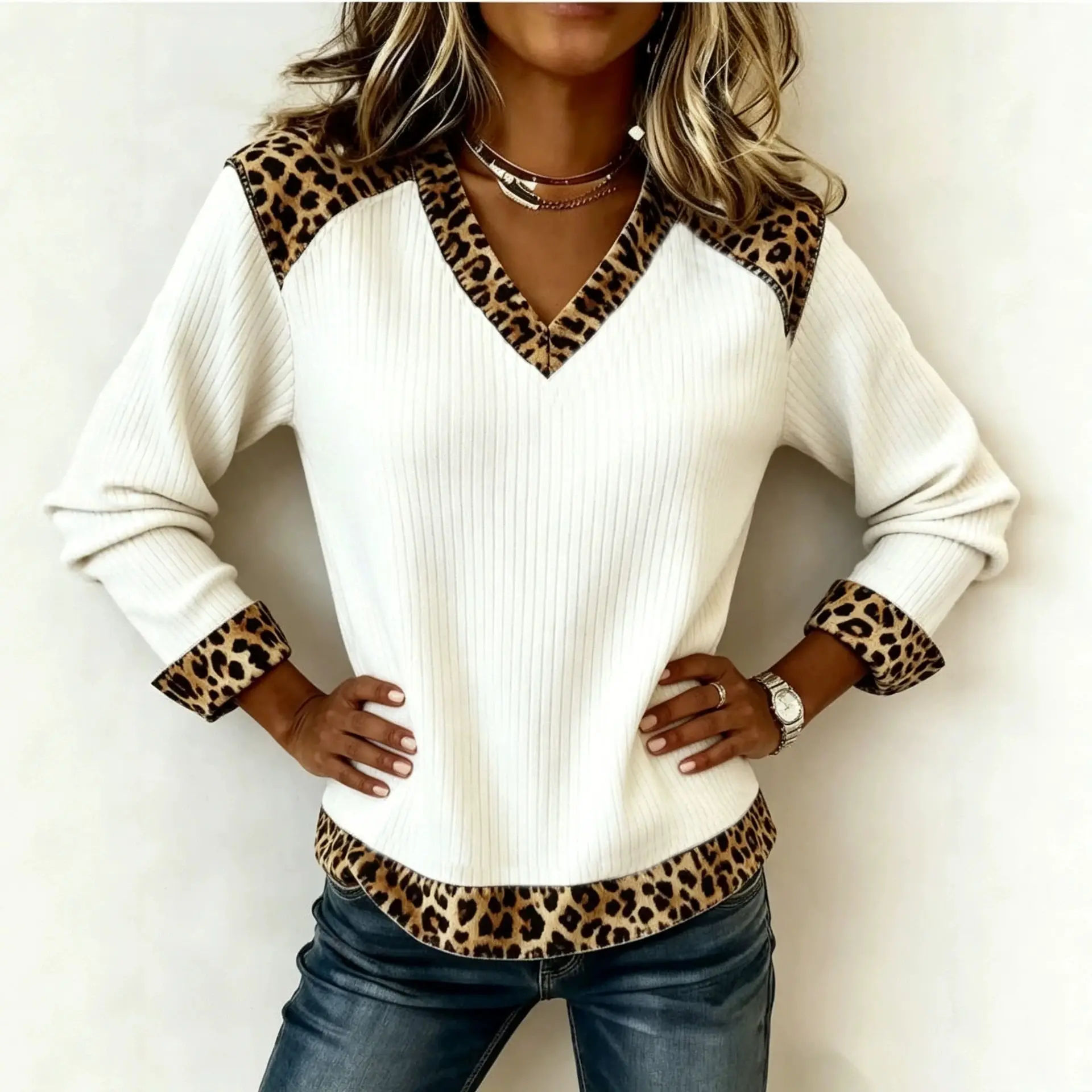 Women's Elegant Leopard Print Patchwork V-Neck Knitted Top - Casual Long Sleeve Pullover