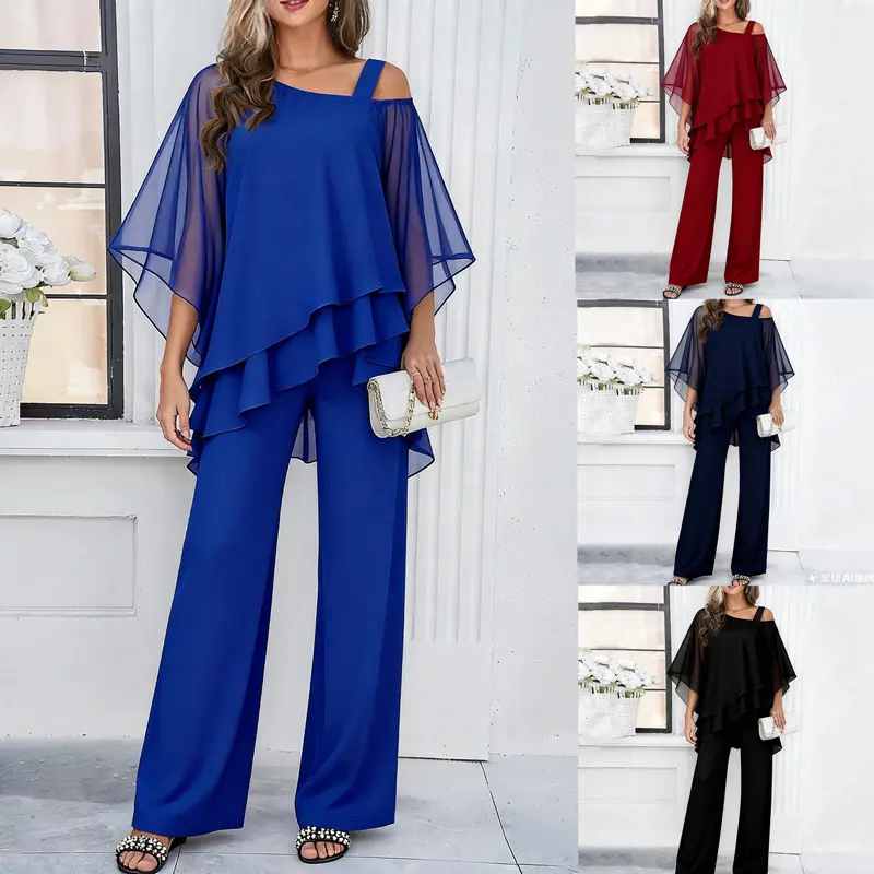 Women's Elegant 2-Piece Chiffon Lounge & Casual Set - Flared 3/4 Sleeve Blouse and Wide-Leg Pants