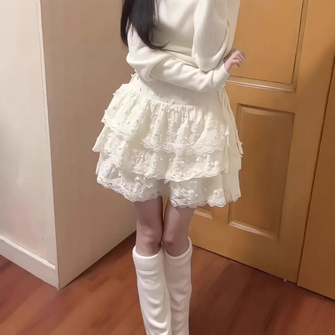 High-Waisted Lace-Trimmed Tiered Ruffle Mini Skirt – Sweet Ballet-Style Cake Skirt