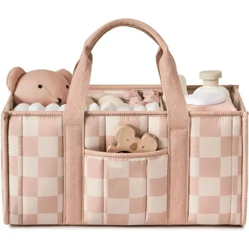 Large Capacity Portable Mommy Bag – Lightweight Cotton Diaper Tote & Nursery Storage Caddy (Pink Grid)