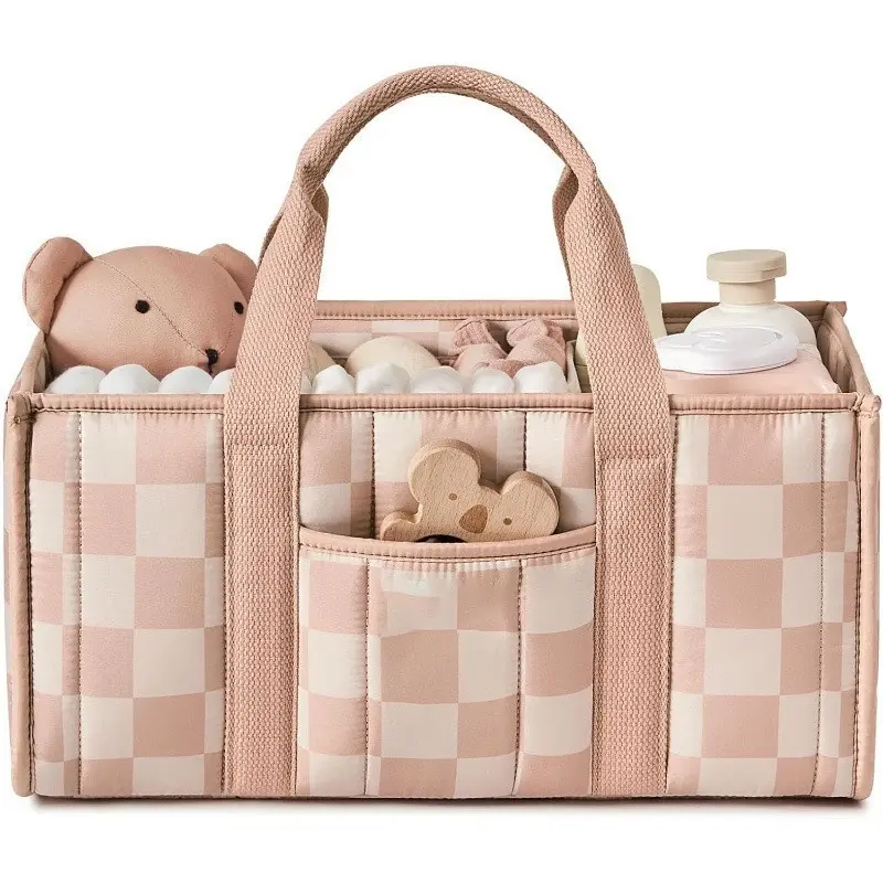 Large Capacity Portable Mommy Bag – Lightweight Cotton Diaper Tote & Nursery Storage Caddy (Pink Grid)