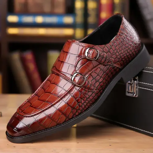 Men's Crocodile Pattern Leather Dress Shoes - Elegant Pointed Toe Loafers with Metal Buckle