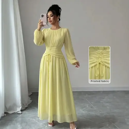 Women's Elegant Korean-Style Lantern Sleeve Long Dress - Soft Casual Slim-Fit Maxi Dress