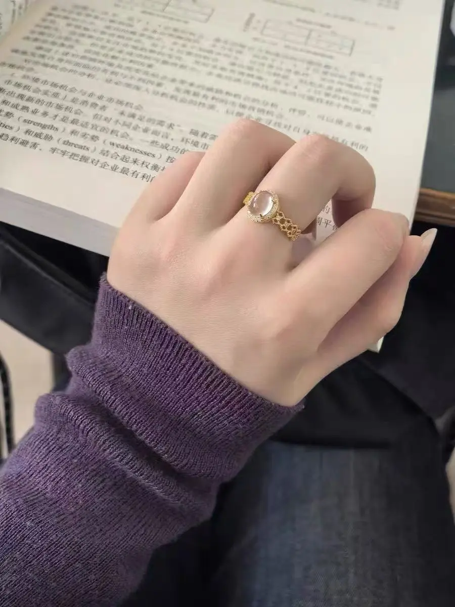 Vintage Moonlight Chalcedony Ring for Women - 18K Gold Plated Adjustable Open Statement Ring