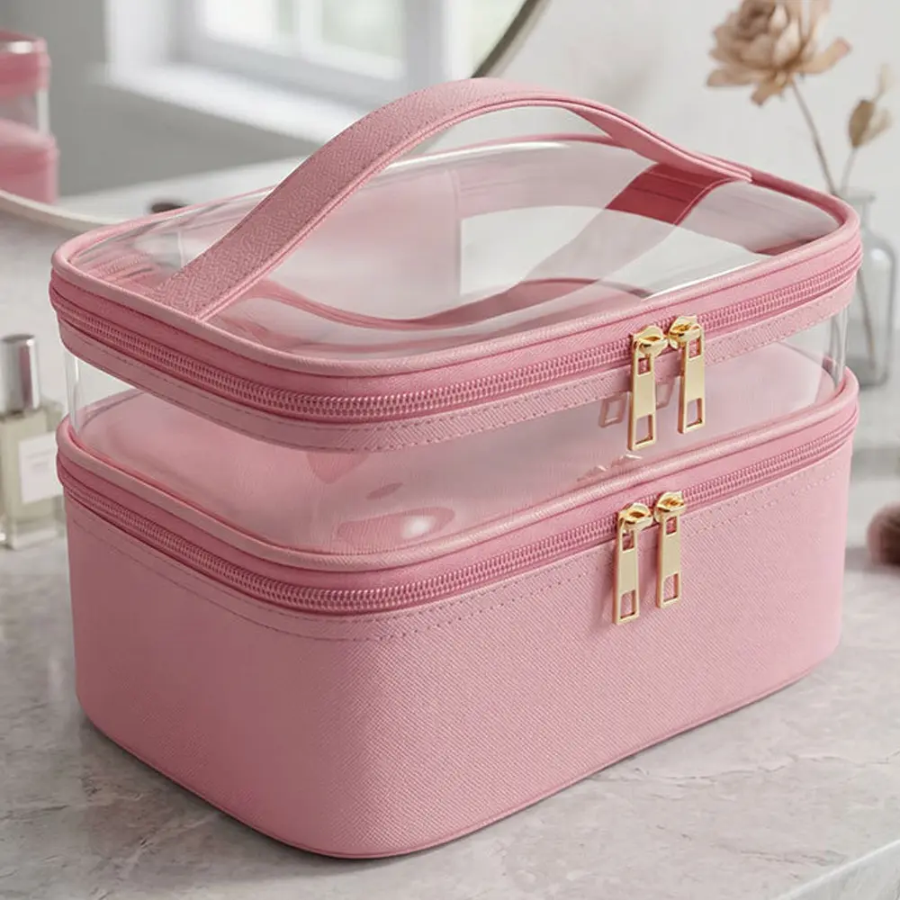 Double-Layer Clear Travel Makeup Bag – Portable Waterproof Cosmetic Organizer with Wet/Dry Separation