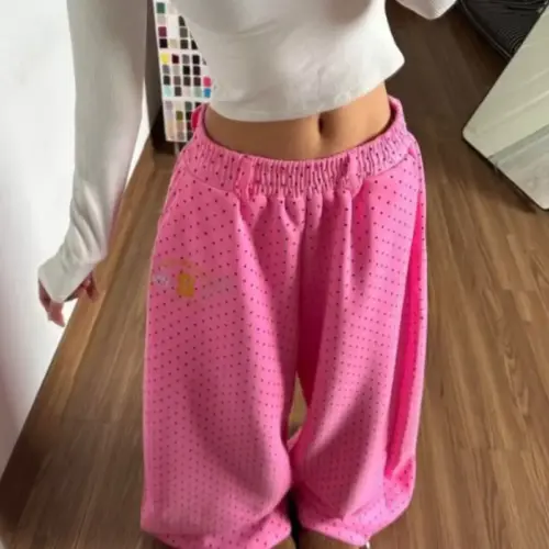 Women's Pink Polka Dot Wide-Leg Lounge Pants – Casual Drawstring Sweatpants