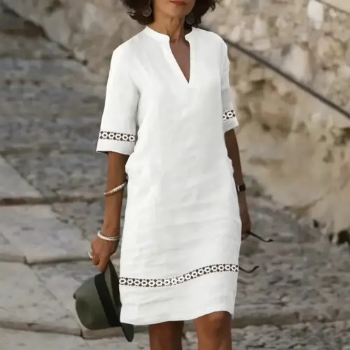 Women's Elegant White Lace-Panelled V-Neck Cotton Dress - Relaxed Fit Patchwork Pullover