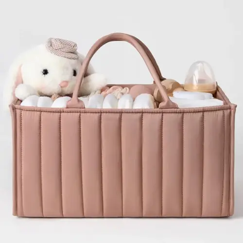 Portable Large-Capacity Diaper Bag & Nursery Caddy Organizer – Antibacterial Cotton Handheld Mommy Tote (Rouge Powder)