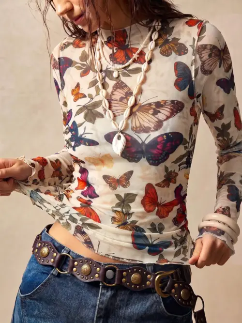 Women's Butterfly Print Sheer Mesh Top - Slim Fit Mock Neck Ruched Side Layering Shirt