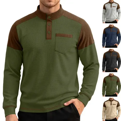 Men's Oversized Waffle Knit Pullover Sweatshirt - Colorblock Raglan Sleeve with Stand Collar and Chest Pocket