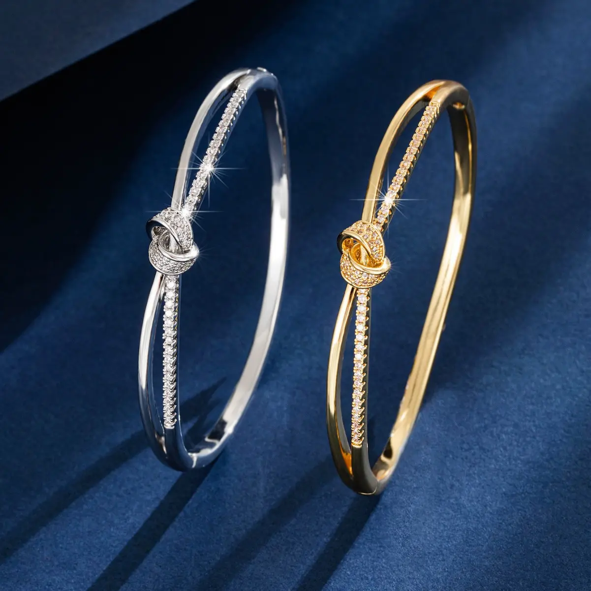 Sparkling Love Knot Cubic Zirconia Bangle – Elegant Double Ring Cuff Bracelet for Women