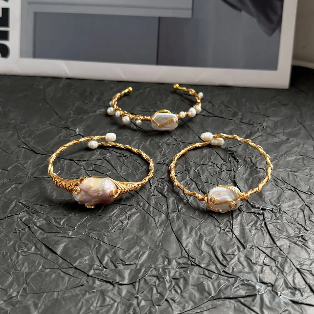 Retro Geometric Baroque Pearl Bracelet for Women | Light Luxury Irregular Pearl Bangle