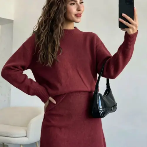 Chic Women's 2-Piece Knit Sweater & Mini Skirt Set | Elegant Long-Sleeve Co-Ord Outfit