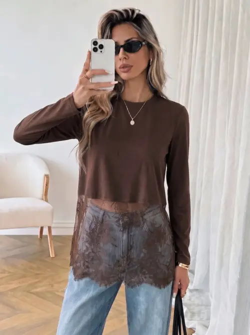 Women's Elegant Spliced Lace Long Sleeve Top - Casual Loose Fit Cutout T-Shirt