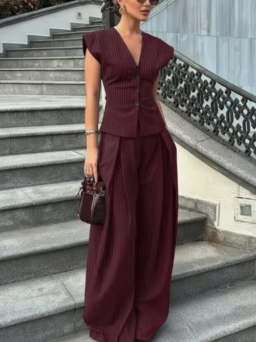 Women's Elegant V-Neck Sleeveless Wide-Leg Jumpsuit – Chic Waist-Cinching Commuter Pant Suit