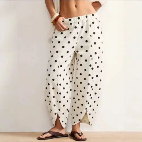 Women's High-Waisted Polka Dot Wide-Leg Pants – Chic Korean-Style Cropped Denim Trousers