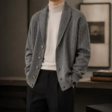Men's Classic Suit-Collar Cable-Knit Cardigan | Sophisticated Wool Blend Sweater