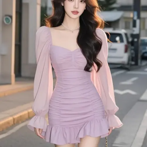 Women's Slim-Waist Bodycon Mini Dress - Chic Pink-Purple Sweet & Spicy Silhouette