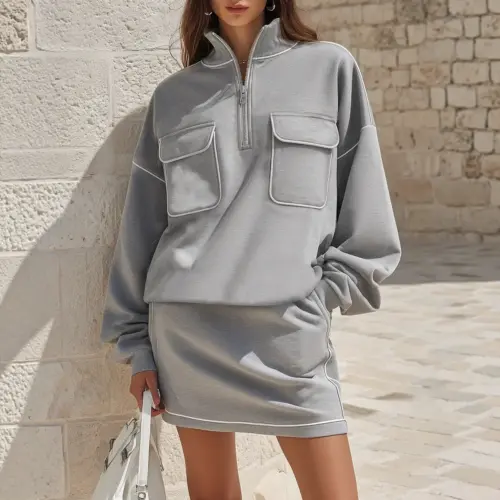 Women's Chic Two-Piece Sweater & Mini Skirt Set | Elegant Long Sleeve Lounge Outfit