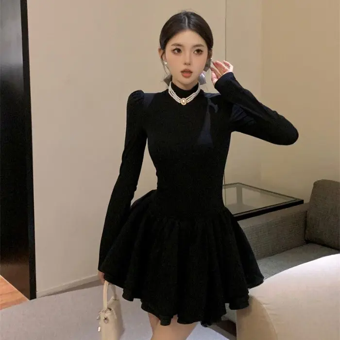 Chic Princess Long Sleeve A-Line Mini Dress | Elegant Black Cocktail Dress