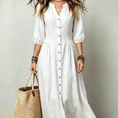 Women's Casual Cotton-Linen Relaxed Dress – Elegant Loose Fit Patchwork Sundress
