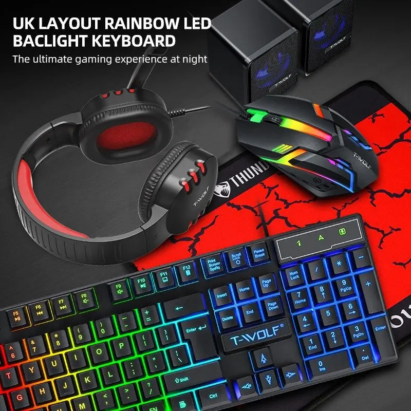 5-in-1 RGB Gaming Setup Bundle – Illuminated Keyboard, Optical Mouse, Stereo Headset, Backlit Speakers & Mouse Pad