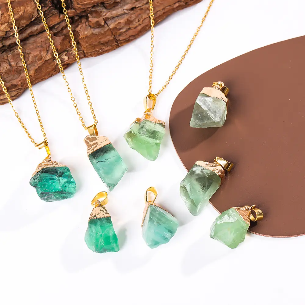 Natural Raw Green Fluorite Crystal Pendant Necklace – Handcrafted Gold-Trimmed Healing Stone Boho Jewelry