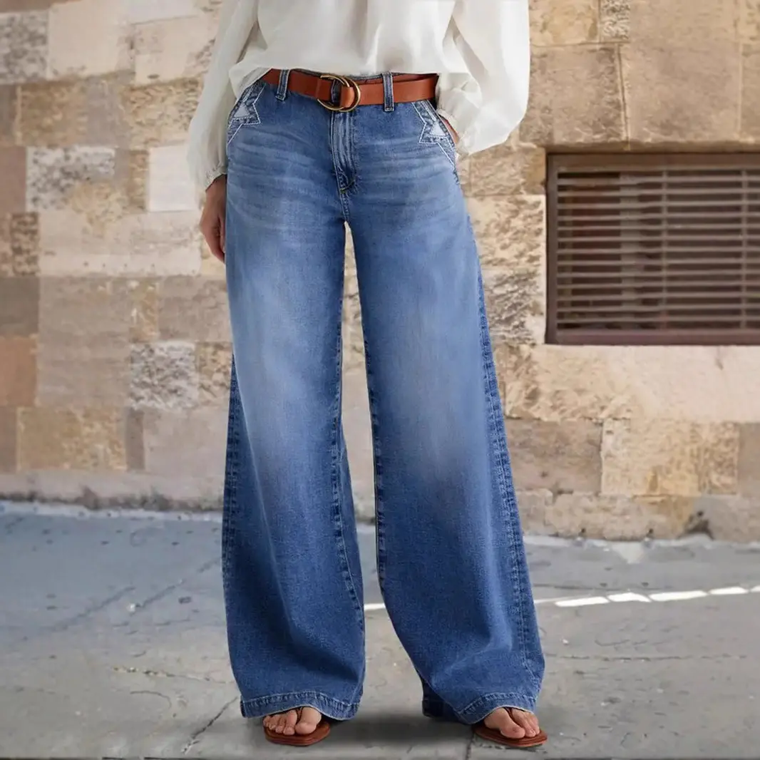 Women's Mid-Waist Wide-Leg Embroidered Denim Jeans - Relaxed Fit Statement Pants
