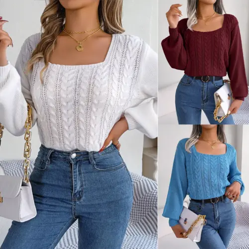 Women's Elegant Cable-Knit Crew-Neck Sweater with Statement Lantern Puff Sleeves