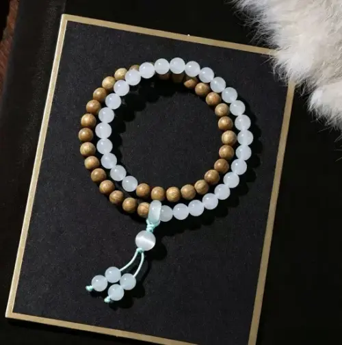 Natural Aquamarine & Green Sandalwood Beaded Bracelet - Blessed Spiritual Crystal Jewelry