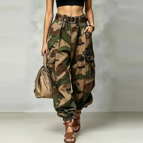 Women's Retro Camouflage Cargo Pants - Mid-Rise Wide Leg Streetwear Trousers with Multi-Pockets