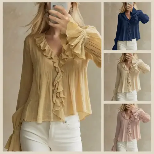 Women's Elegant Ruffle Long Sleeve Blouse - Lightweight Flared Sleeve Sweet Chic Top