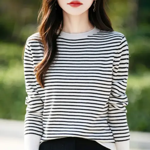Women's Elegant Striped Färg Block Knitted Pullover Sweater - Lightweight Autumn Long Sleeve Top