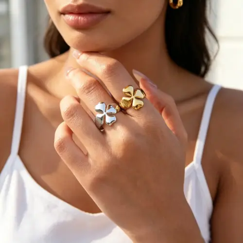 Women's Four-Leaf Clover Adjustable Open Ring – Elegant Lucky Clover Statement Ring