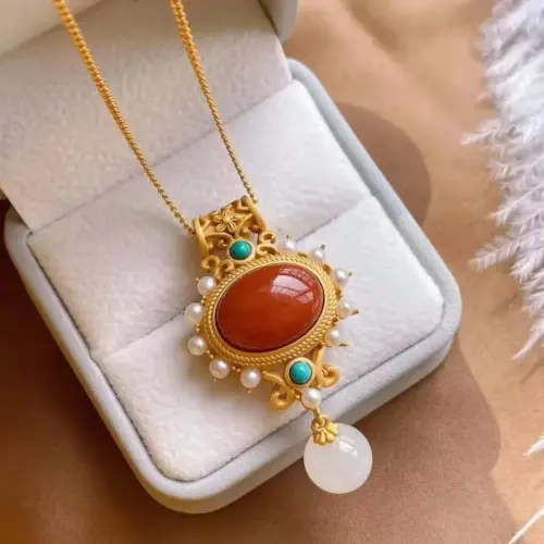 Vintage S925 Sterling Silver Red Gemstone Pendant Necklace – Antique Gold-Plated Court Style Statement Jewelry for Women