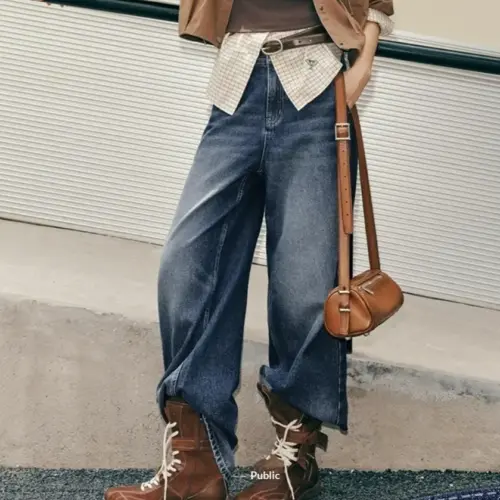 Women's Vintage High-Waisted Wide-Leg Jeans | Classic Washed Black-Gray Cotton Denim Pants