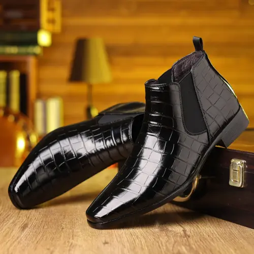 Men's Crocodile Embossed Chelsea Boots - Glossy Pointed Toe British Style High-Top Leather Boots