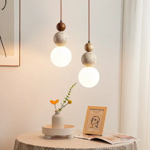 Mid-Century Modern Minimalist Solid Wood Accent Lamp | Wabi-Sabi Travertine Table Light