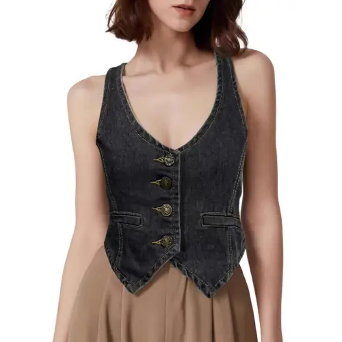 Women's Chic U-Neck Cropped Denim Vest – Sleek Sleeveless Cardigan with Pockets