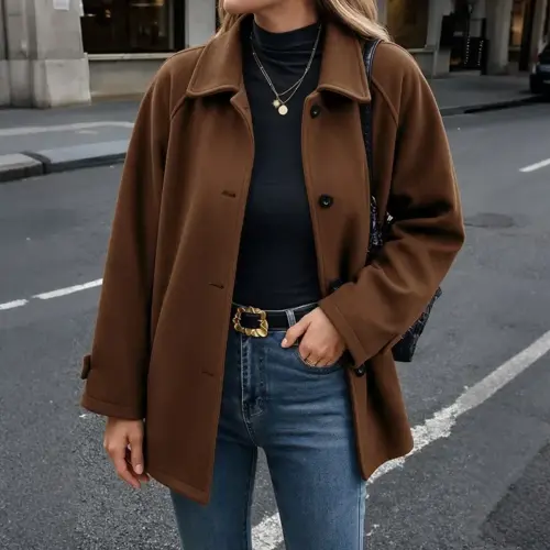 Women's Elegant Mid-Length Woolen Coat - Classic Turn-Down Collar Buttoned Fall & Winter Outerwear