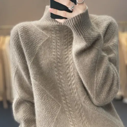 Women's Elegant Cable Knit Turtleneck Sweater - Cozy Loose Fit Fall/Winter Long Sleeve Pullover