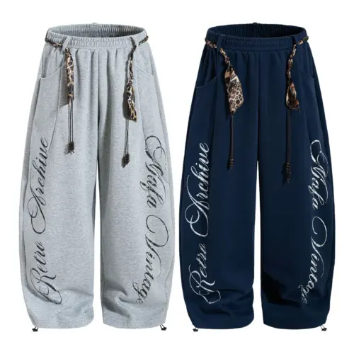 Unisex American Retro Wide-Leg Pants with Strap Accent – Casual Streetwear Cotton Trousers